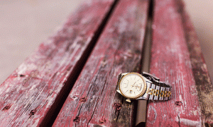 men's gold watch lying on a park bench